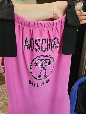 MOSCHINO Hot Pink Logo Dress with Black Bow Straps
